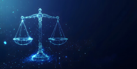 Concept of AI law, artificial intelligence regulations in futuristic glowing low polygonal style with brain and scale symbols on dark blue background design