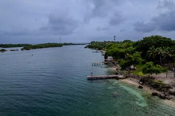 Aerial view of  the beautiful Bora Bora island and Island de Rosario turquoise waters, Resorts and yachts in Cartagena.