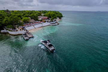 Aerial view of  the beautiful Bora Bora island and Island de Rosario turquoise waters, Resorts and...