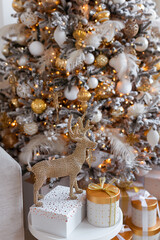 A charming Christmas scene with a decorated tree, presents, and a wooden toy for the holidays