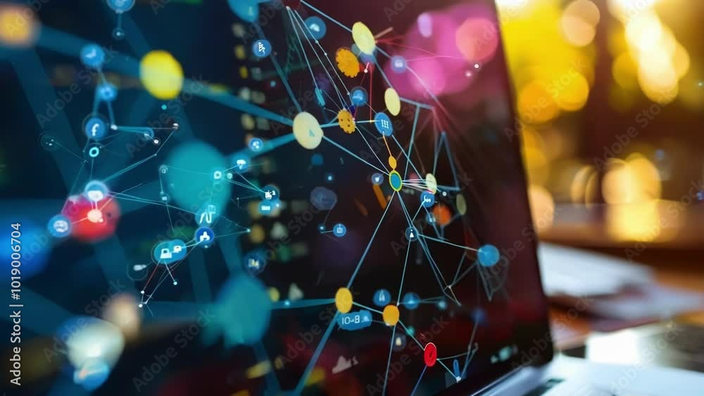 Poster laptop displaying a network visualization with colorful nodes and connections suggesting innovative 
