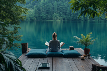 Fototapeta premium A tranquil lakeside retreat with an individual immersed in a book amidst nature's embrace during a serene afternoon
