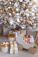 A charming Christmas scene with a decorated tree, presents, and a wooden toy for the holidays