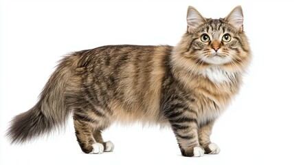 Fluffy domestic cat standing gracefully on a white background showcasing its soft fur and curious expression