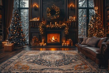 Obraz premium Cozy Christmas evening in the living room with a fireplace and a Christmas tree decorated with garland lights and gifts. Christmas magic. Classic warm New Year's interior.