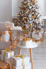 A charming Christmas scene with a decorated tree, presents, and a wooden toy for the holidays