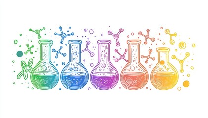 Whimsical cartoon chemical reaction in rainbow gradient line art.