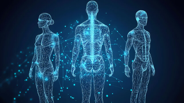 Human body science low poly wireframe technology on blue background. 3D Wireframe. Illustration
