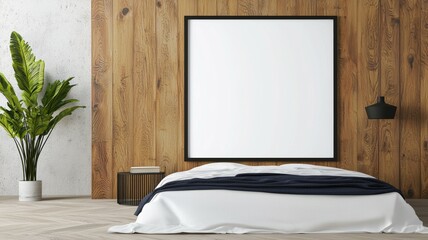 A minimalist bedroom with a large blank frame on the wall and a potted plant by a wooden panel for a serene atmosphere