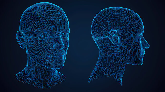 Human head 3d wireframe front and side view. 3D Wireframe. Illustration