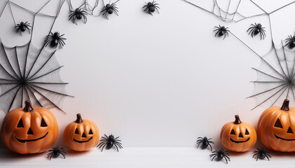 Halloween pumpkins with spider webs and spiders on a white background