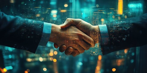business handshake with a digital overlay of a city skyline at night