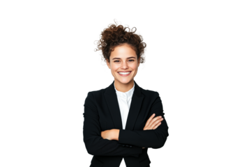 Business woman portrait isolated on white transparent background, businesswoman in suit, crossed arms, PNG