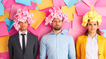 The creative team of two men and two women embraces whimsy as they don colorful paper hats while posing amid a lively arrangement of vibrant notes, exuding playful energy