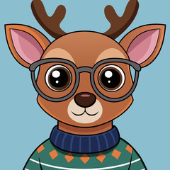  deer wearing sweater and hipster glasses; modern style; black and white, view from side high angle