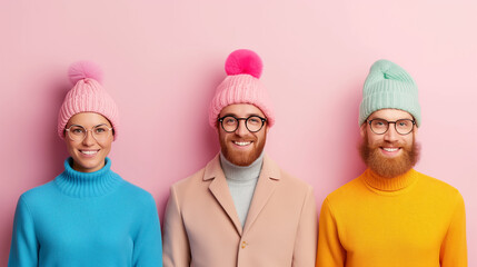 Four innovative individuals, two men and two women, showcase their creativity and style in cheerful winter attire, radiating joyful energy in a bright pink environment