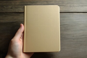 Obraz premium A Plain Hardcover Notebook Held by a Hand, With a Solid Brown Backdrop, Notebook Mockup, Hardcover Notebook Mockup, White Label Product Mockup