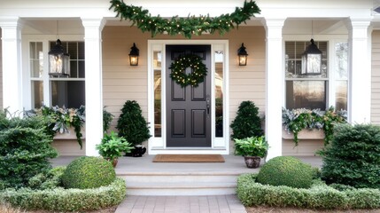 A charming front door adorned with a white wood wreath and garland welcomes visitors to a cozy home, beautifully set against a snowy landscape