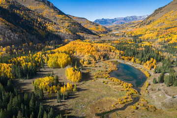 Fall Season in the Southern Colorado Mountains, America, USA. Stunning Views of Golden Aspens in Rocky Mountains.