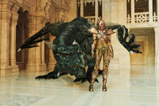 Fantasy dragon with warrior queen