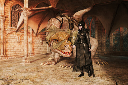 Fantasy dragon in castle with warrior queen