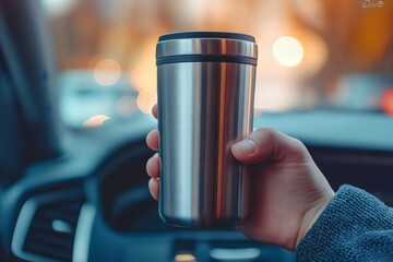 A Stainless Steel Travel Mug Held by a Hand, Steel Travel Mug Mockup, Steel Mug Mockup, White Label Product Mockup