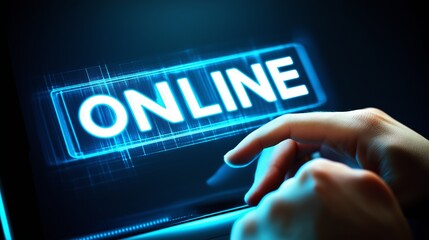 Hands pointing towards an "Online" button, representing digital connection, internet access, and modern technology's virtual interaction, Generative Ai