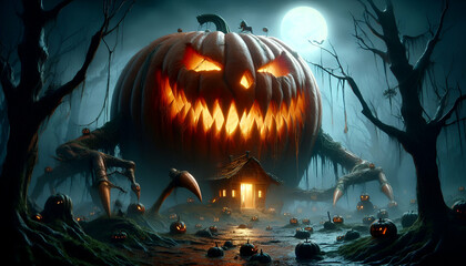 Realistic giant pumpkin monster with sharp teeth and bright eyes emerging from a dark swamp. 
