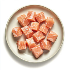 Square Chunks of Fresh Salmon Fish Meat on a Plate on Solid White Background