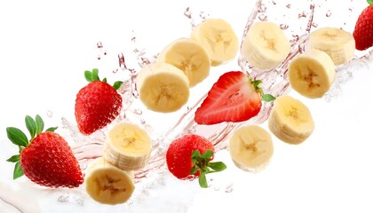 Isolated banana and strawberry on white background with selective focus, showcasing the vibrant colors and textures of fresh fruit. Ideal for healthy eating,nutrition,food content and advertisements."