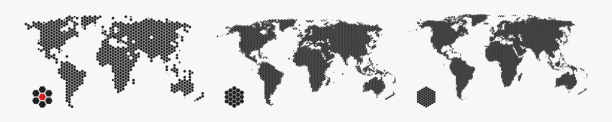 Set of flat earth world maps with hexagonal dots in different resolution. Round pixel pattern. Modern digital globe. Black dots on white background. Worldmap template for website, infographics, design