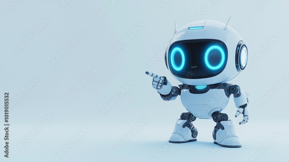 Poster Small futuristic robot pointing at something, symbolizing advancements in artificial intelligence, robotics, and technological innovation, Generative Ai