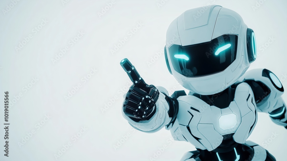 Poster Small futuristic robot pointing at something, symbolizing advancements in artificial intelligence, robotics, and technological innovation, Generative Ai