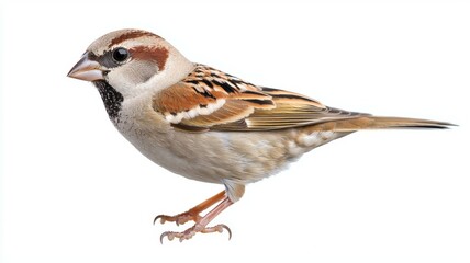 A close-up view of a sparrow perched with intricate feather patterns in natural tones against a white background