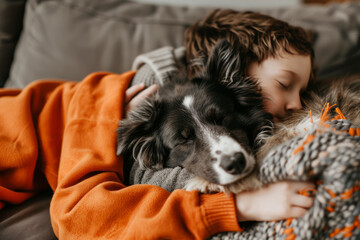 Fototapeta na wymiar Cute little boy sleeping with his dog in warm blanket at home