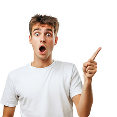 Young surprised man pointing right with his finger  isolated on transparent background Generative AI