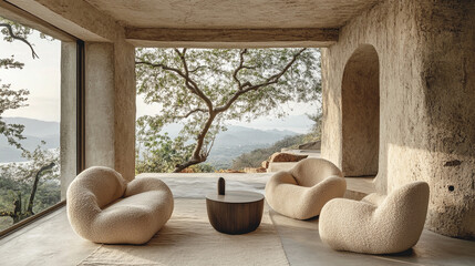 Japandi minimalist living room with sleek furniture, soft neutral tones, and natural light. This space blends Japanese and Scandinavian design, symbolizing harmony, simplicity, and mindful living
