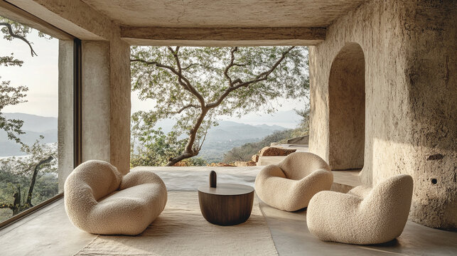 Japandi minimalist living room with sleek furniture, soft neutral tones, and natural light. This space blends Japanese and Scandinavian design, symbolizing harmony, simplicity, and mindful living