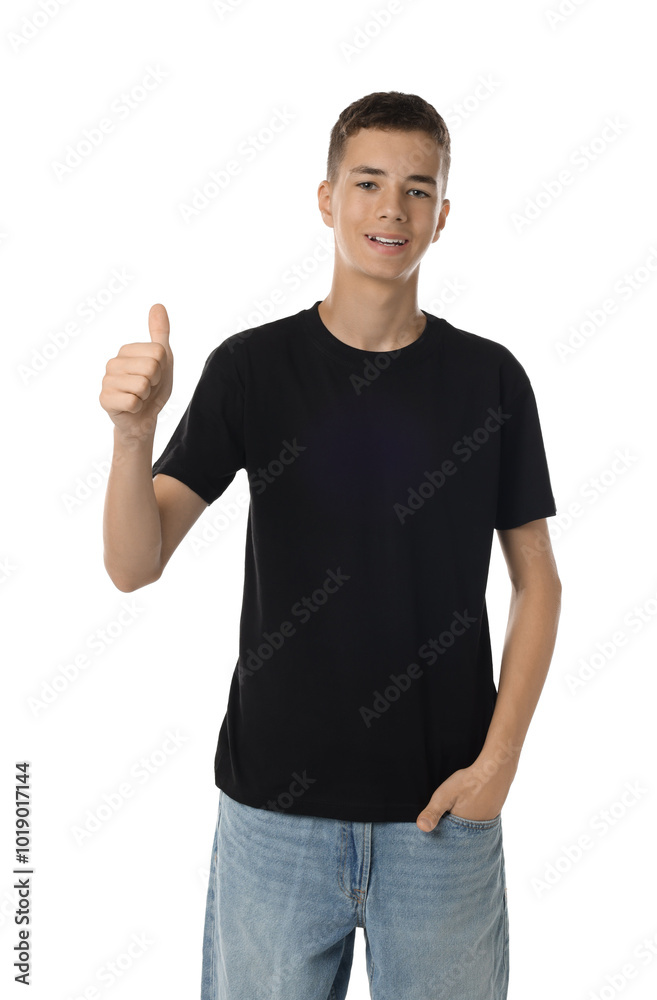 Canvas Prints Teenage boy wearing black t-shirt and showing thumbs up on white background