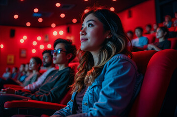 Young Asian woman with long brown hair wearing a blue jacket sitting in a movie theater, looking up at the screen with a thoughtful expression as the room is illuminated by colorful lights