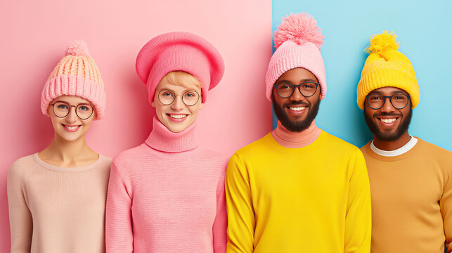 Four enthusiastic individuals showcase their unique styles in cozy winter hats, radiating creativity and friendship against a cheerful backdrop of pink and blue