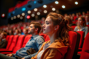 Young woman with long curly hair wearing an orange jacket sitting in a theater or cinema, with other people in the background