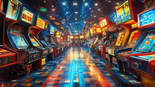 A vibrant interior of a retro arcade filled with classic 80s video game machines. Neon lights reflect off the tiled floor, creating a nostalgic gaming atmosphere