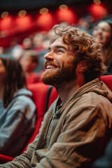 Middle-aged man with curly brown hair and a beard, wearing a beige jacket, smiling and sitting in a movie theater