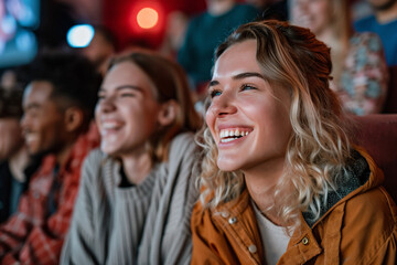 Young woman with long blonde curly hair smiling and sitting in a movie theater