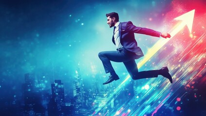 Obraz premium A man in a suit jumping over an upward-pointing arrow, against a blue background with silhouettes of a cityscape Generative AI