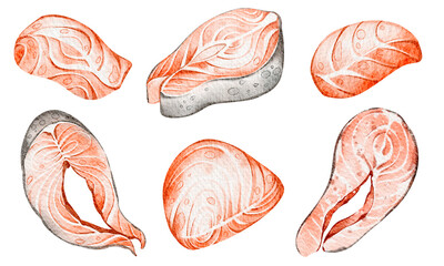 Steaks Salmon Watercolor clipart marine food on isolated background. Hand drawn illustrations seafood, fish, tuna for design, cards, print, menu. Mediterranean diet. Variety elements exotic seafood.