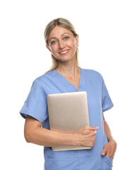 Doctor in medical uniform with laptop isolated on white