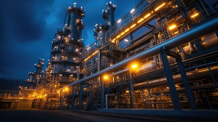 Obraz premium Industrial Refinery at Night with Illuminated Pipes and Structures Against a Dark Sky