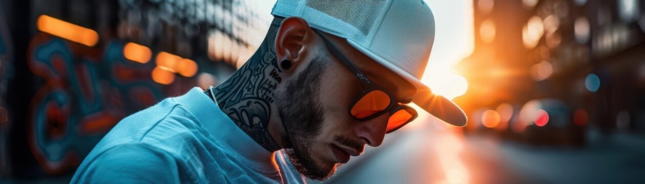 Streetwear and urban fashion styles, edgy looks, graffiti backgrounds, vibrant colors, photography